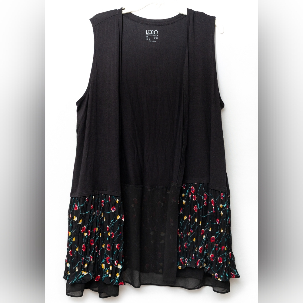 LOGO Lori Goldstein Black Sleeveless Top Vest with Floral Hem XL